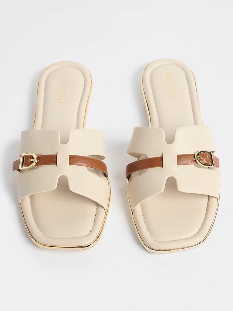 Luna Blu Ivory Buckle Detailed Slides Size 39